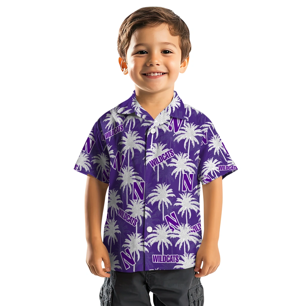 Northwestern Wildcats Hawaiian Shirt - Palm Tree Motif northwestern wildcats palm grove purple hawaiian shirts top rated