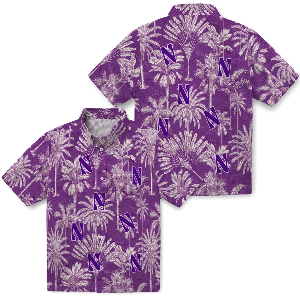 Northwestern Wildcats Hawaiian Shirt - Vintage Palm Tree northwestern wildcats palm shadows purple hawaiian shirts high quality