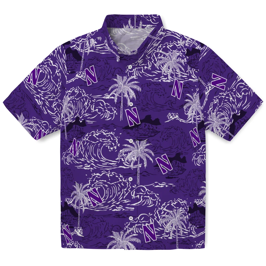 Northwestern Wildcats Hawaiian Shirt - Wave Palm northwestern wildcats wave palm purple hawaiian shirts best selling