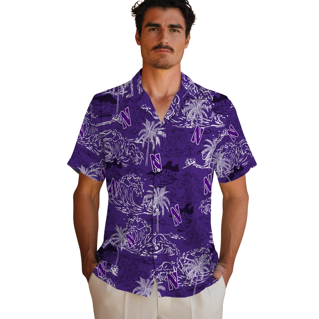Northwestern Wildcats Hawaiian Shirt - Wave Palm northwestern wildcats wave palm purple hawaiian shirts fashion forward