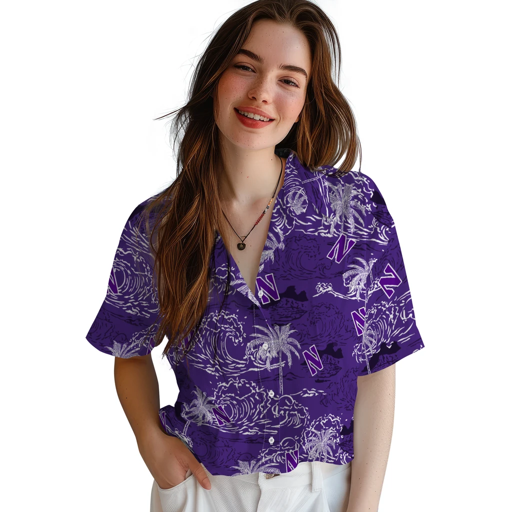 Northwestern Wildcats Hawaiian Shirt - Wave Palm northwestern wildcats wave palm purple hawaiian shirts latest model