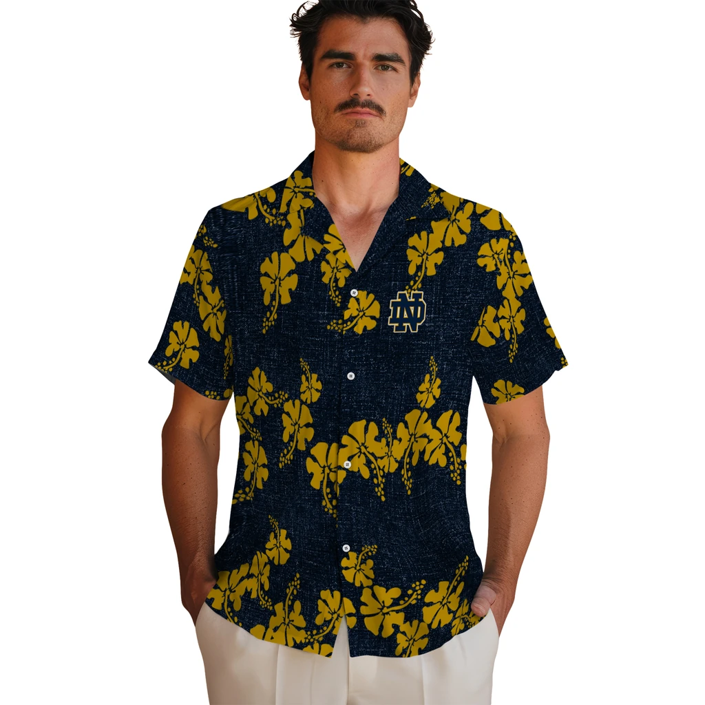 Notre Dame Fighting Irish Hawaiian Shirt - 50th State Flower notre dame fighting irish hibiscus petals navy hawaiian shirts fashion forward