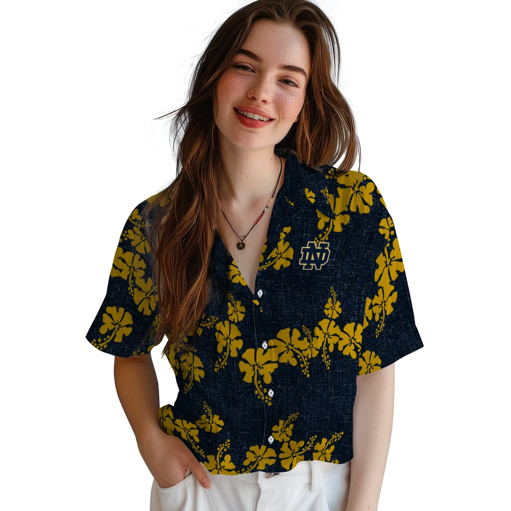 Notre Dame Fighting Irish Hawaiian Shirt - 50th State Flower notre dame fighting irish hibiscus petals navy hawaiian shirts latest model