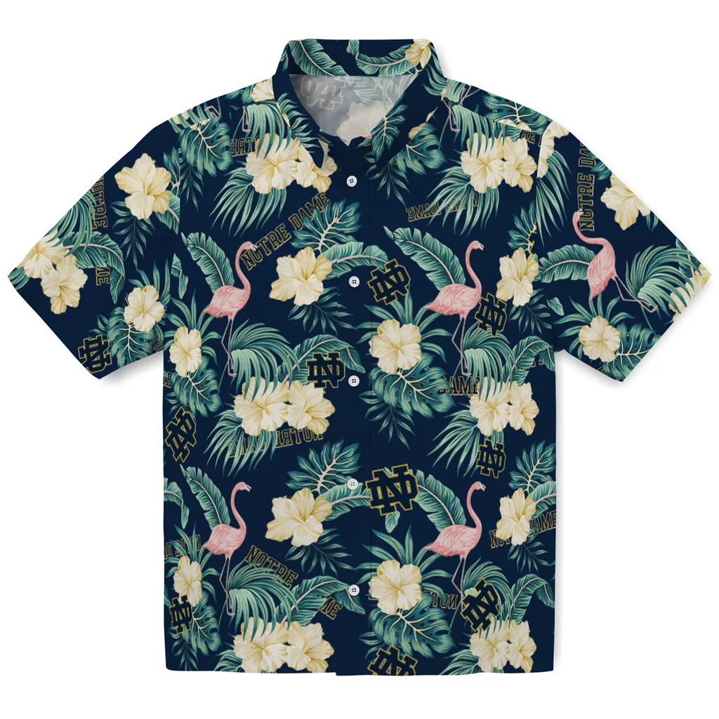 Notre Dame Fighting Irish Hawaiian Shirt - Flamingo and Hibiscus notre dame fighting irish flamingo palms navy hawaiian shirts best selling