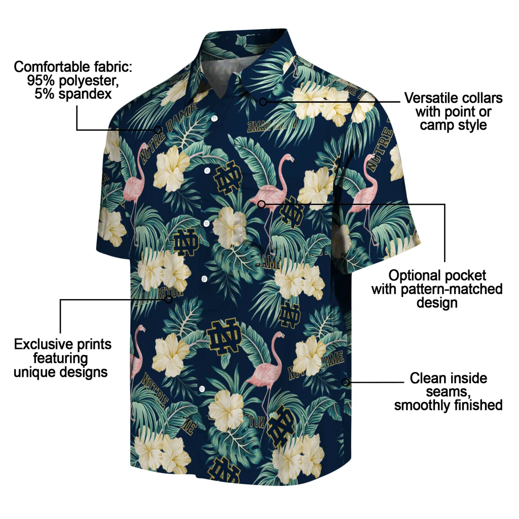 Notre Dame Fighting Irish Hawaiian Shirt - Flamingo and Hibiscus notre dame fighting irish flamingo palms navy hawaiian shirts new arrival