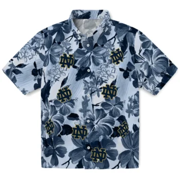 notre dame fighting irish hibiscus arrangement navy hawaiian shirts best selling