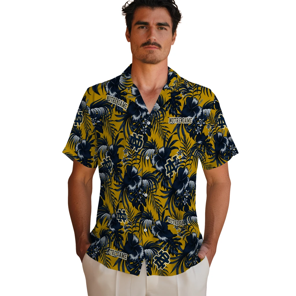 Notre Dame Fighting Irish Hawaiian Shirt - Hibiscus Exotic notre dame fighting irish hibiscus exotic navy hawaiian shirts fashion forward