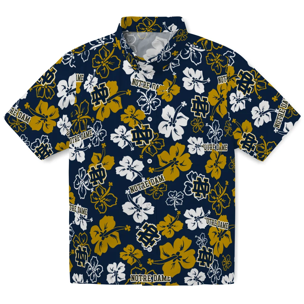 Notre Dame Fighting Irish Hawaiian Shirt - Hibiscus Flower Design notre dame fighting irish hibiscus bloom navy hawaiian shirts best selling