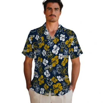 notre dame fighting irish hibiscus bloom navy hawaiian shirts fashion forward