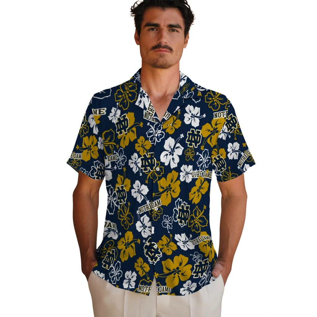 Notre Dame Fighting Irish Hawaiian Shirt - Hibiscus Flower Design notre dame fighting irish hibiscus bloom navy hawaiian shirts fashion forward
