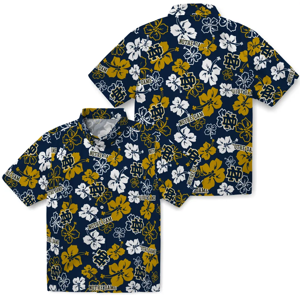 Notre Dame Fighting Irish Hawaiian Shirt - Hibiscus Flower Design notre dame fighting irish hibiscus bloom navy hawaiian shirts high quality