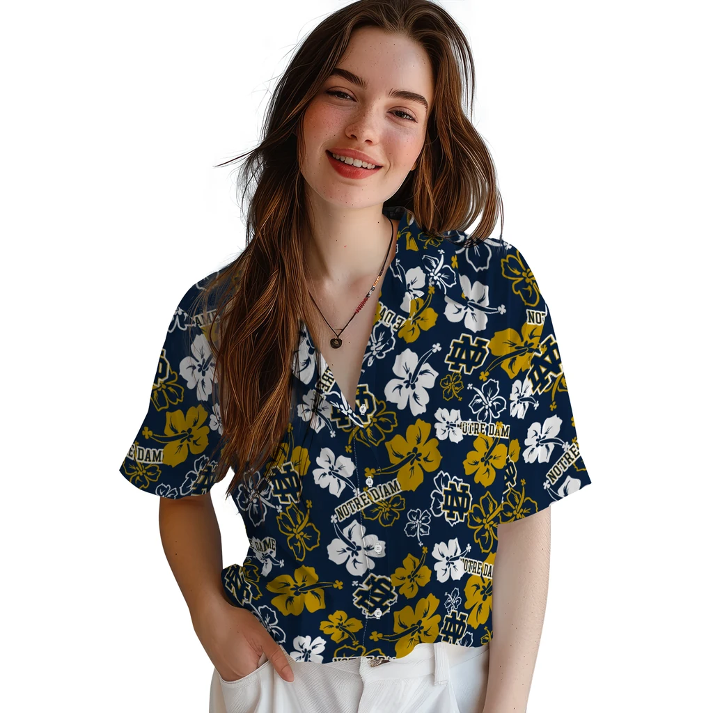 Notre Dame Fighting Irish Hawaiian Shirt - Hibiscus Flower Design notre dame fighting irish hibiscus bloom navy hawaiian shirts latest model