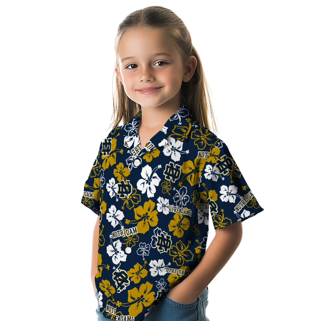 Notre Dame Fighting Irish Hawaiian Shirt - Hibiscus Flower Design notre dame fighting irish hibiscus bloom navy hawaiian shirts premium grade