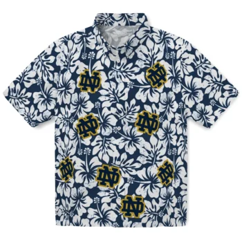 notre dame fighting irish hibiscus motif navy white hawaiian shirts best selling