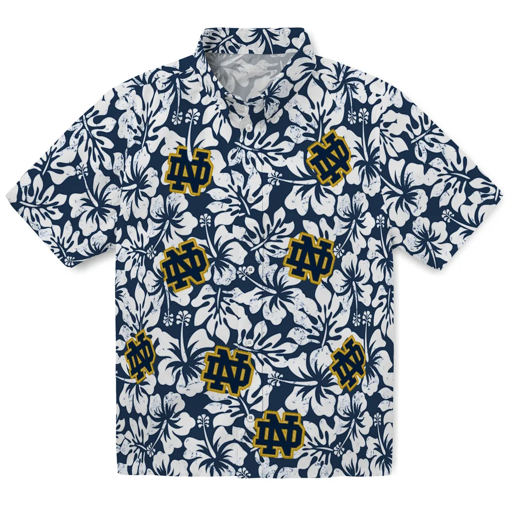 Notre Dame Fighting Irish Hawaiian Shirt - Hibiscus Motif notre dame fighting irish hibiscus motif navy white hawaiian shirts best selling