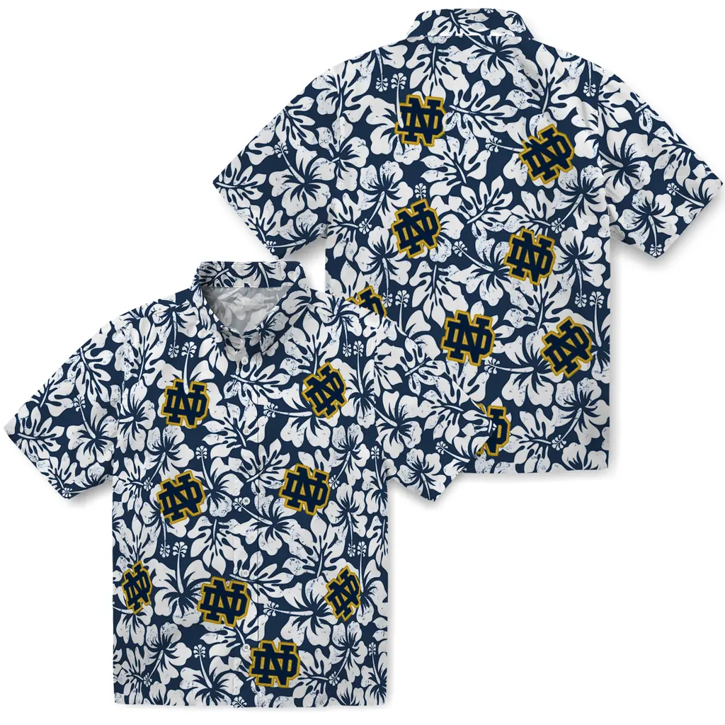Notre Dame Fighting Irish Hawaiian Shirt - Hibiscus Motif notre dame fighting irish hibiscus motif navy white hawaiian shirts high quality