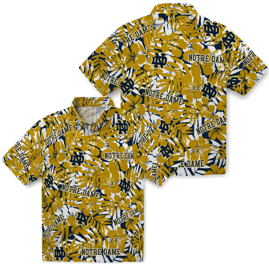 Notre Dame Fighting Irish Hawaiian Shirt - Hibiscus Overlay notre dame fighting irish hibiscus overlay hawaiian shirts high quality