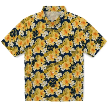 notre dame fighting irish hibiscus tropics navy yellow hawaiian shirts best selling