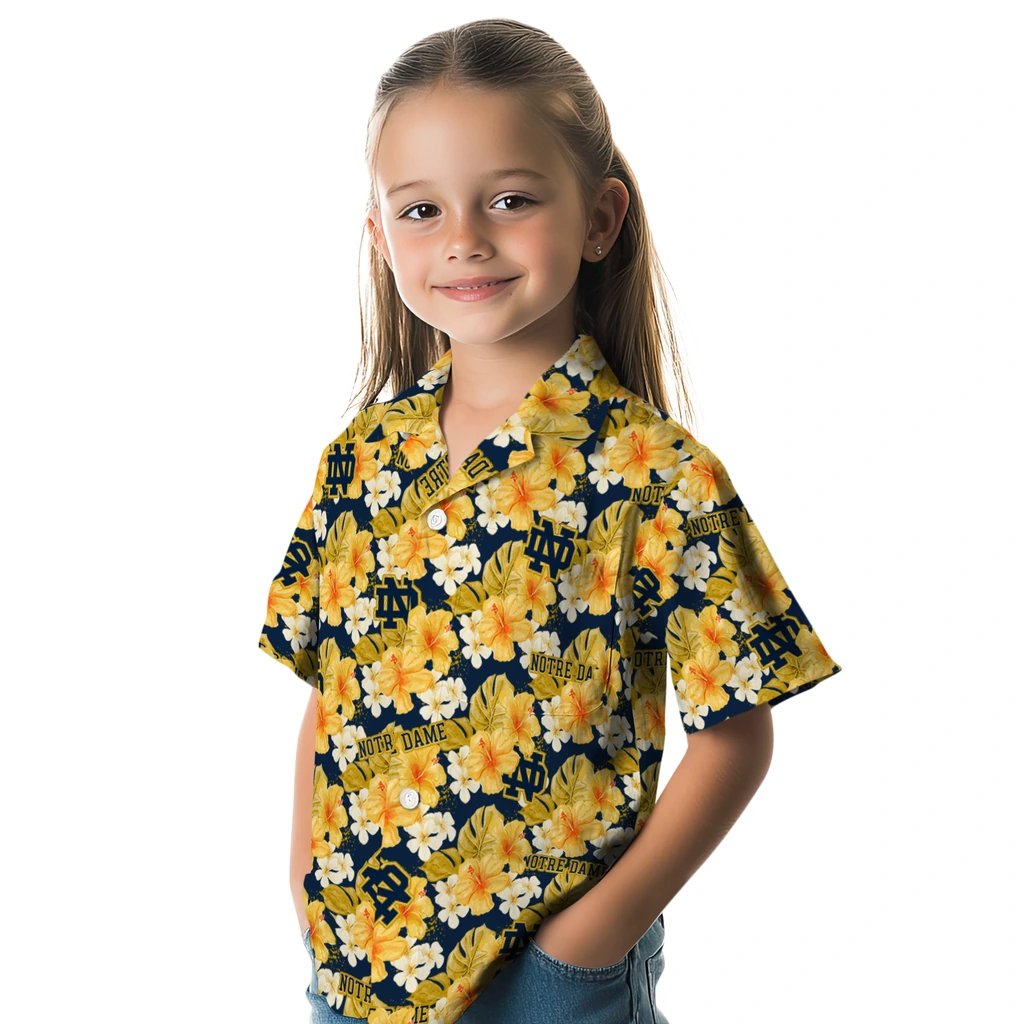 Notre Dame Fighting Irish Hawaiian Shirt - Hibiscus Tropics notre dame fighting irish hibiscus tropics navy yellow hawaiian shirts premium grade