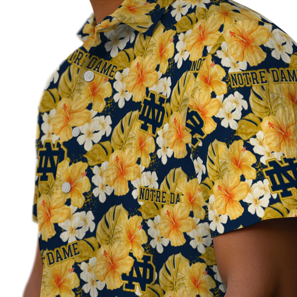 Notre Dame Fighting Irish Hawaiian Shirt - Hibiscus Tropics notre dame fighting irish hibiscus tropics navy yellow hawaiian shirts trendy