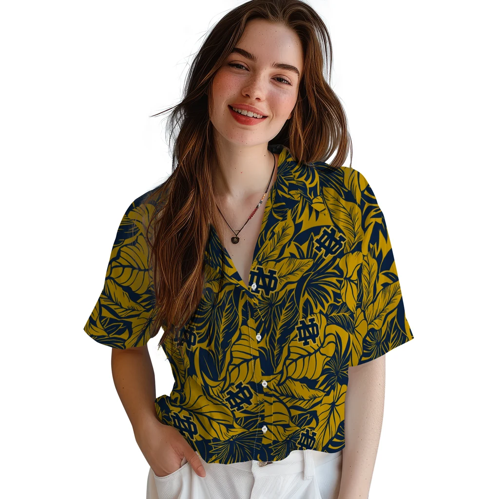 Notre Dame Fighting Irish Hawaiian Shirt - Monstera Layer notre dame fighting irish monstera layer navy hawaiian shirts latest model