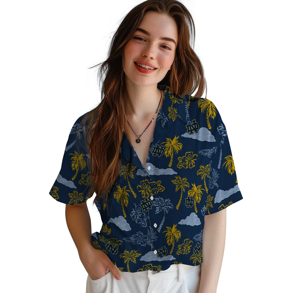 Notre Dame Fighting Irish Hawaiian Shirt - Palm And Clouds notre dame fighting irish palm and clouds navy hawaiian shirts latest model