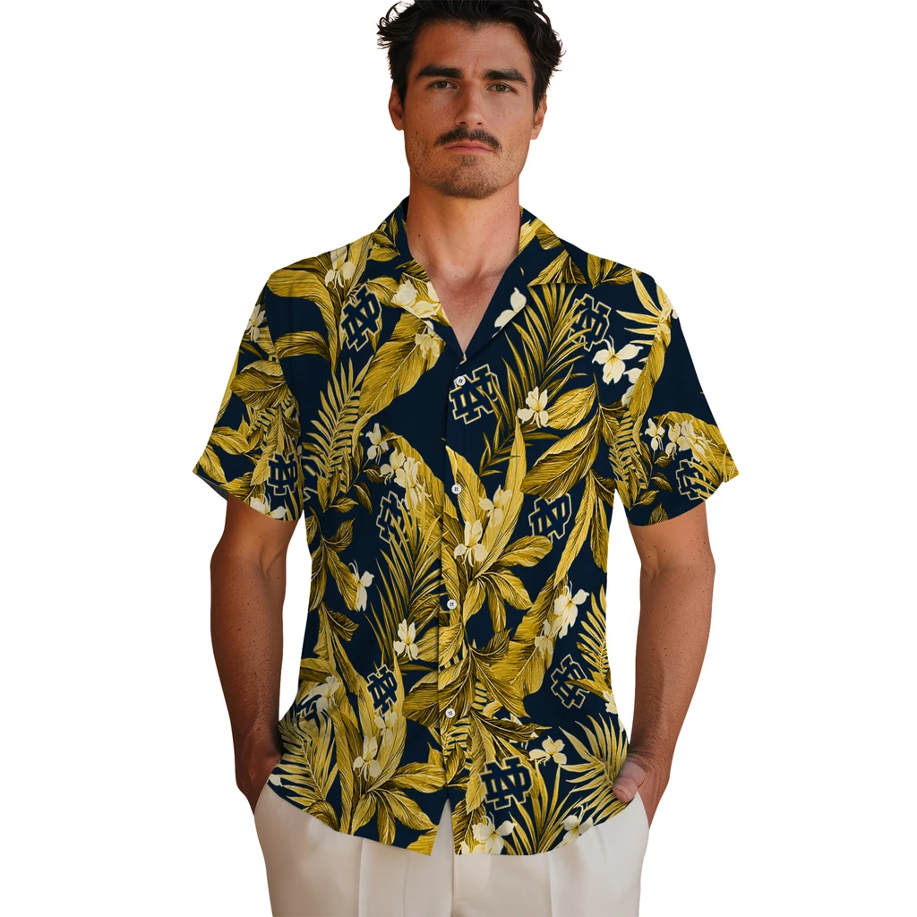 Notre Dame Fighting Irish Hawaiian Shirt - Palm Leaves notre dame fighting irish palm leaves navy hawaiian shirts fashion forward