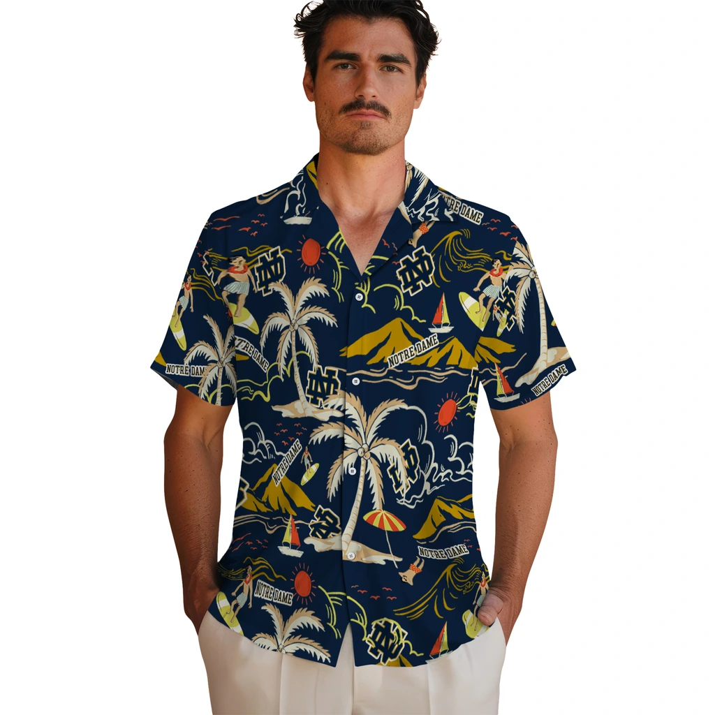 Notre Dame Fighting Irish Hawaiian Shirt - Palm Tree Island notre dame fighting irish palm tree island navy hawaiian shirts fashion forward
