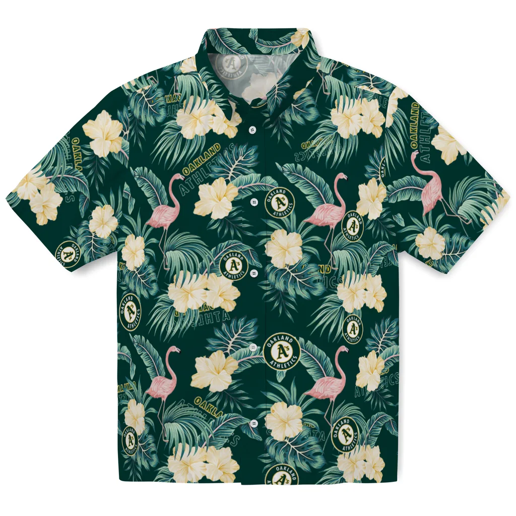 Oakland Athletics Hawaiian Shirt - Flamingo and Hibiscus oakland athletics flamingo palms green hawaiian shirts best selling