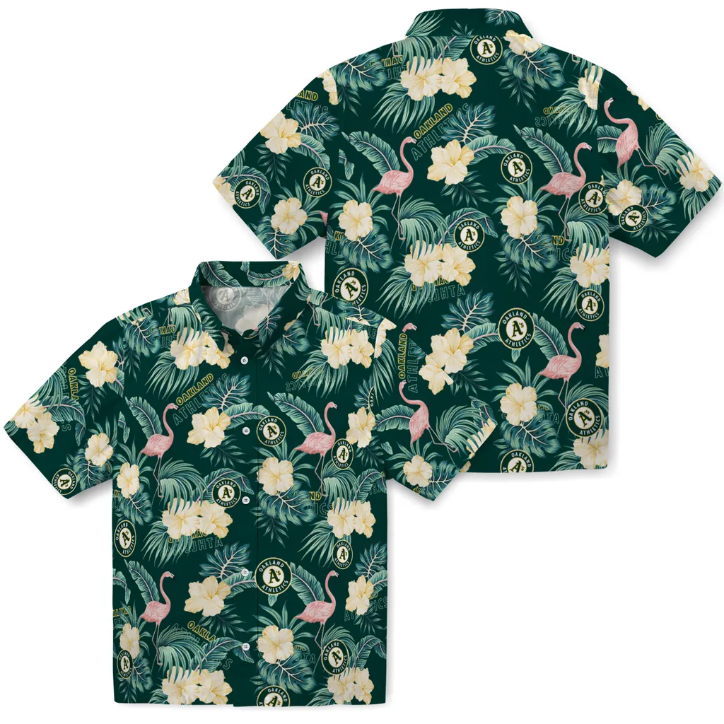 Oakland Athletics Hawaiian Shirt - Flamingo and Hibiscus oakland athletics flamingo palms green hawaiian shirts high quality