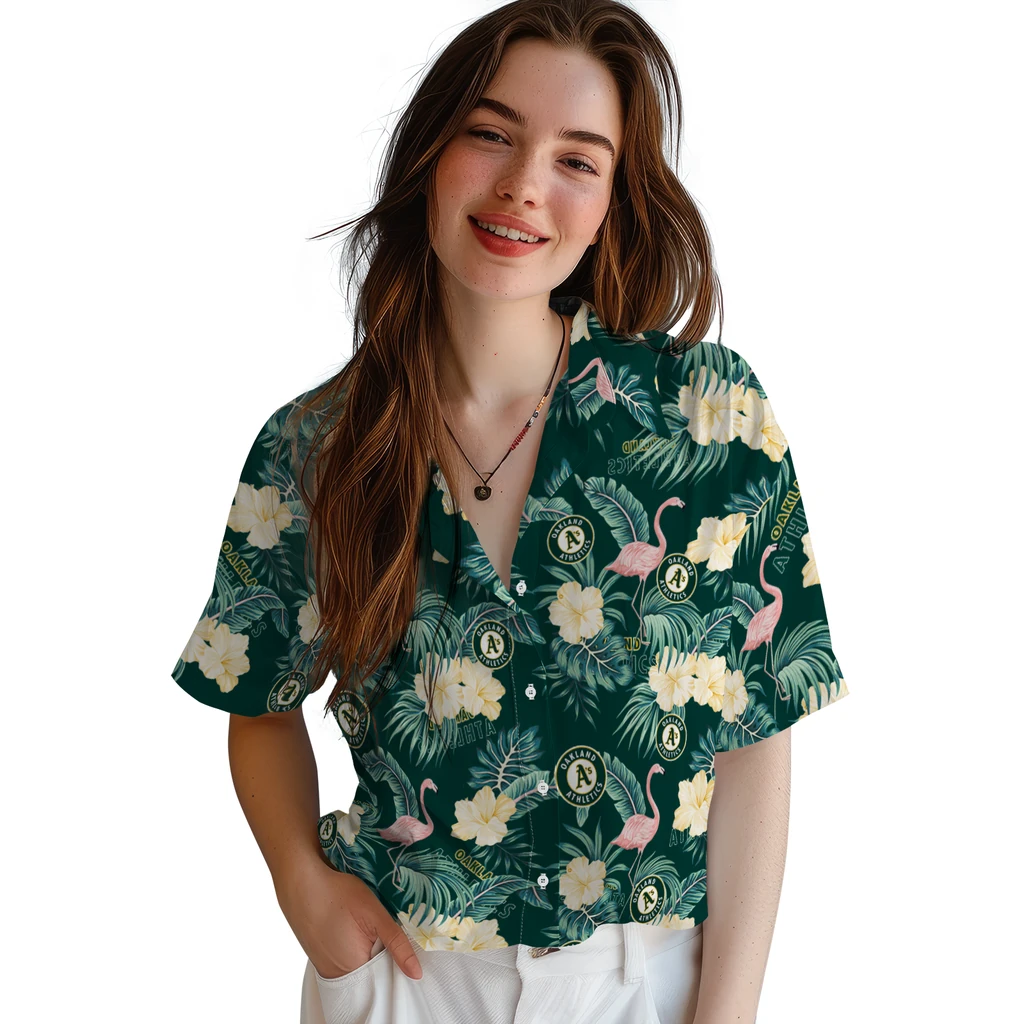 Oakland Athletics Hawaiian Shirt - Flamingo and Hibiscus oakland athletics flamingo palms green hawaiian shirts latest model