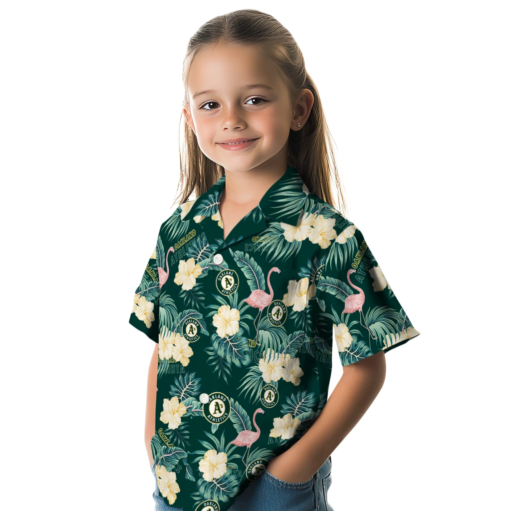 Oakland Athletics Hawaiian Shirt - Flamingo and Hibiscus oakland athletics flamingo palms green hawaiian shirts premium grade