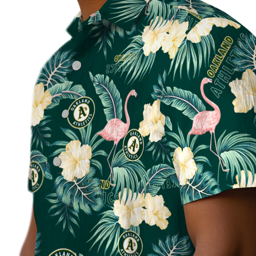 Oakland Athletics Hawaiian Shirt - Flamingo and Hibiscus oakland athletics flamingo palms green hawaiian shirts trendy