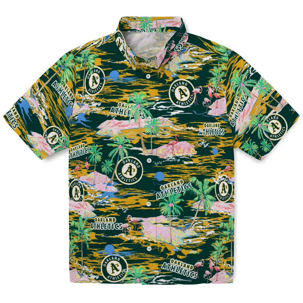 Oakland Athletics Hawaiian Shirt - Hawaii Island oakland athletics flamingo retreat green hawaiian shirts best selling