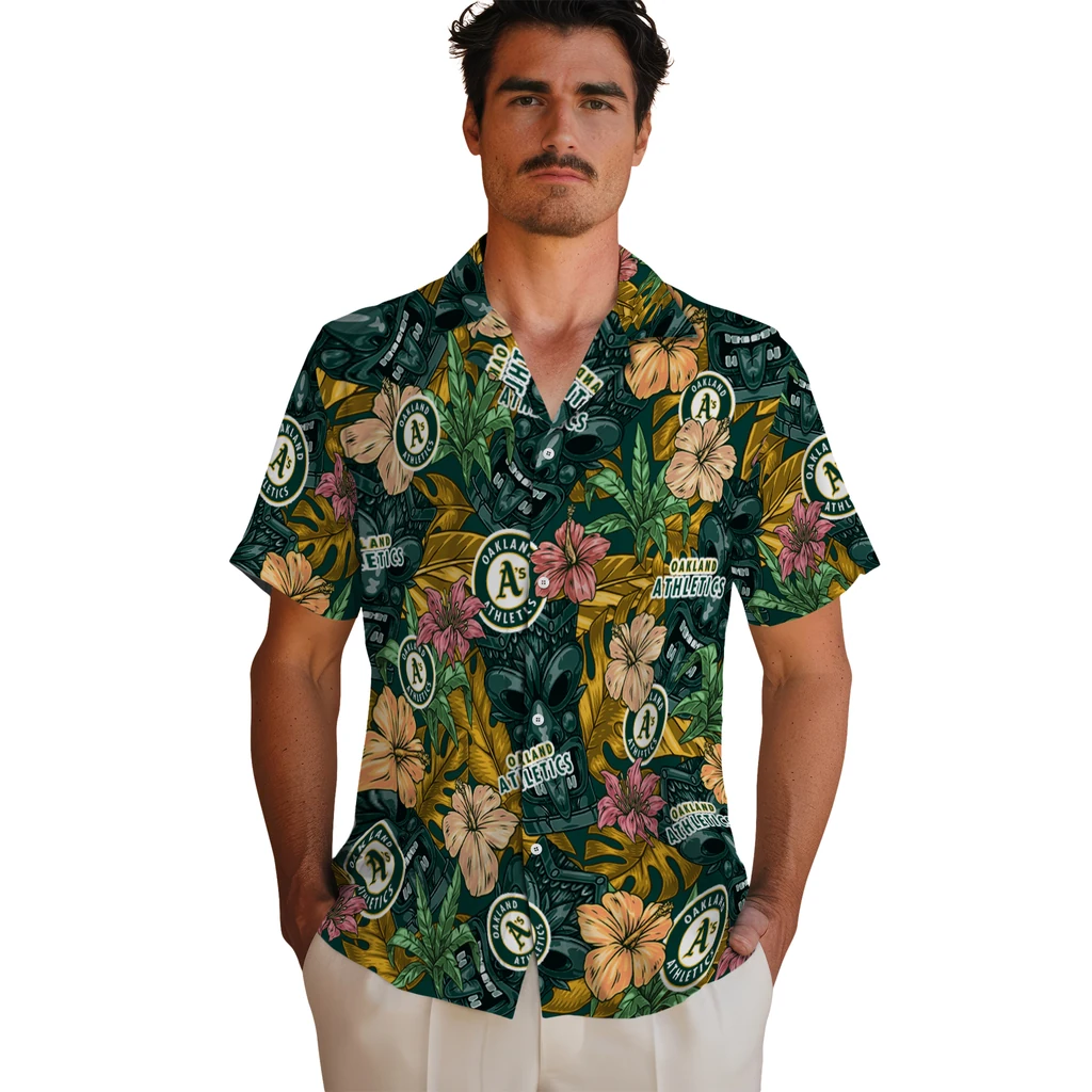 Oakland Athletics Hawaiian Shirt - Hibiscus Tiki Jungle oakland athletics tiki jungle green hawaiian shirts fashion forward