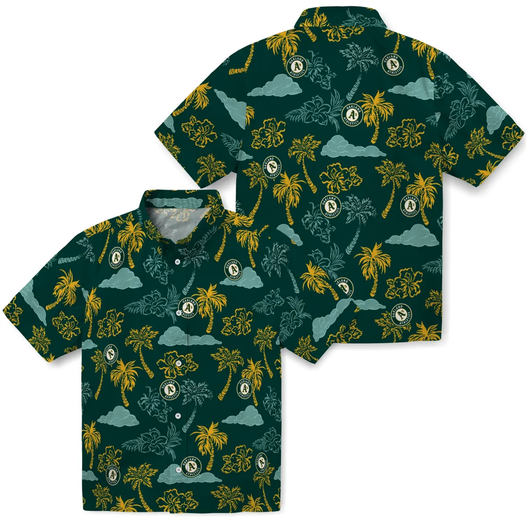 Oakland Athletics Hawaiian Shirt - Palm And Clouds oakland athletics palm and clouds green hawaiian shirts high quality