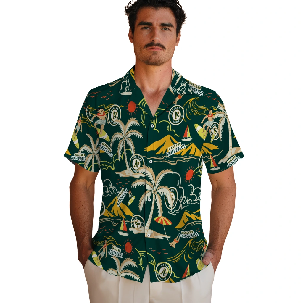 Oakland Athletics Hawaiian Shirt - Palm Tree Island oakland athletics palm tree island green hawaiian shirts fashion forward