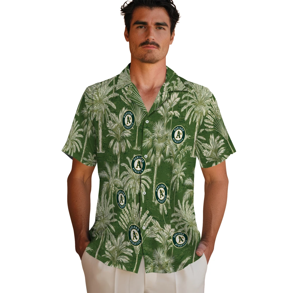 Oakland Athletics Hawaiian Shirt - Vintage Palm Tree oakland athletics palm shadows green hawaiian shirts fashion forward