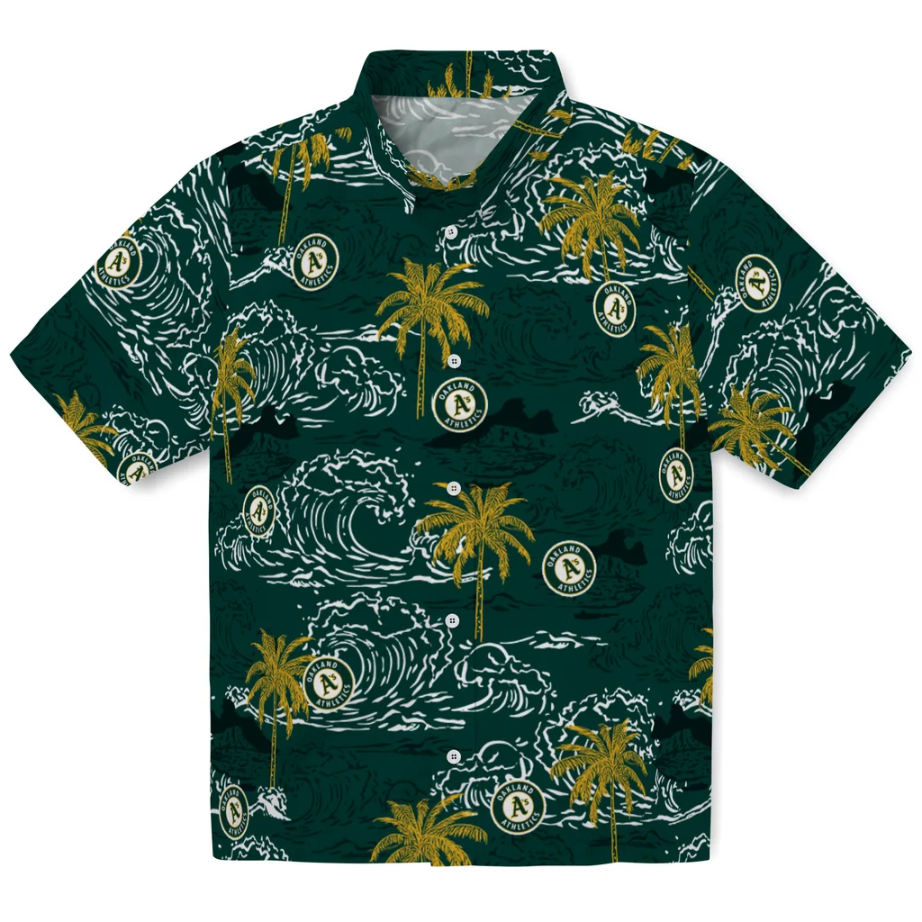 Oakland Athletics Hawaiian Shirt - Wave Palm oakland athletics wave palm green hawaiian shirts best selling