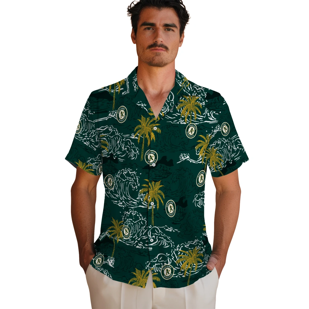 Oakland Athletics Hawaiian Shirt - Wave Palm oakland athletics wave palm green hawaiian shirts fashion forward