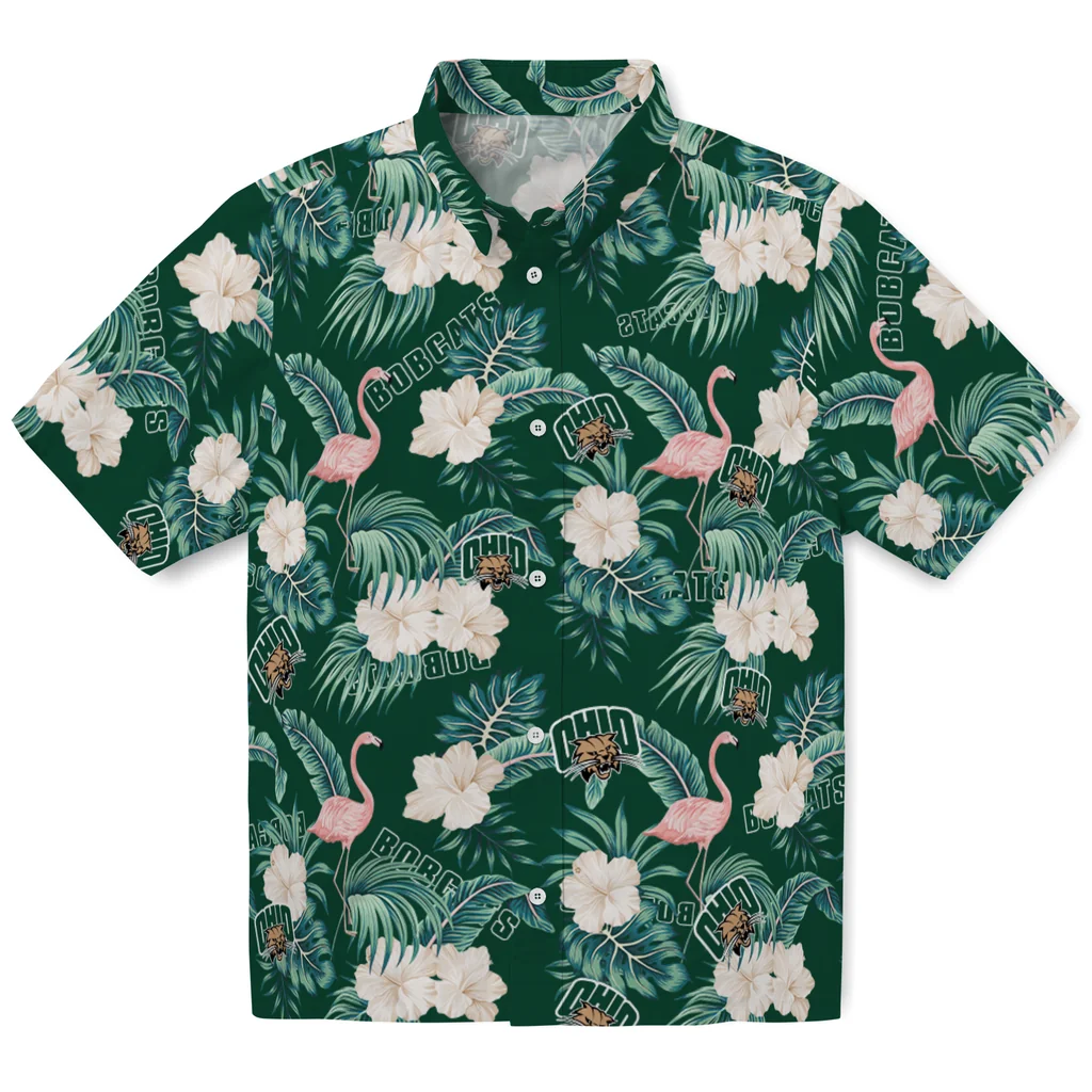 Ohio Bobcats Hawaiian Shirt - Flamingo and Hibiscus ohio bobcats flamingo palms green hawaiian shirts best selling