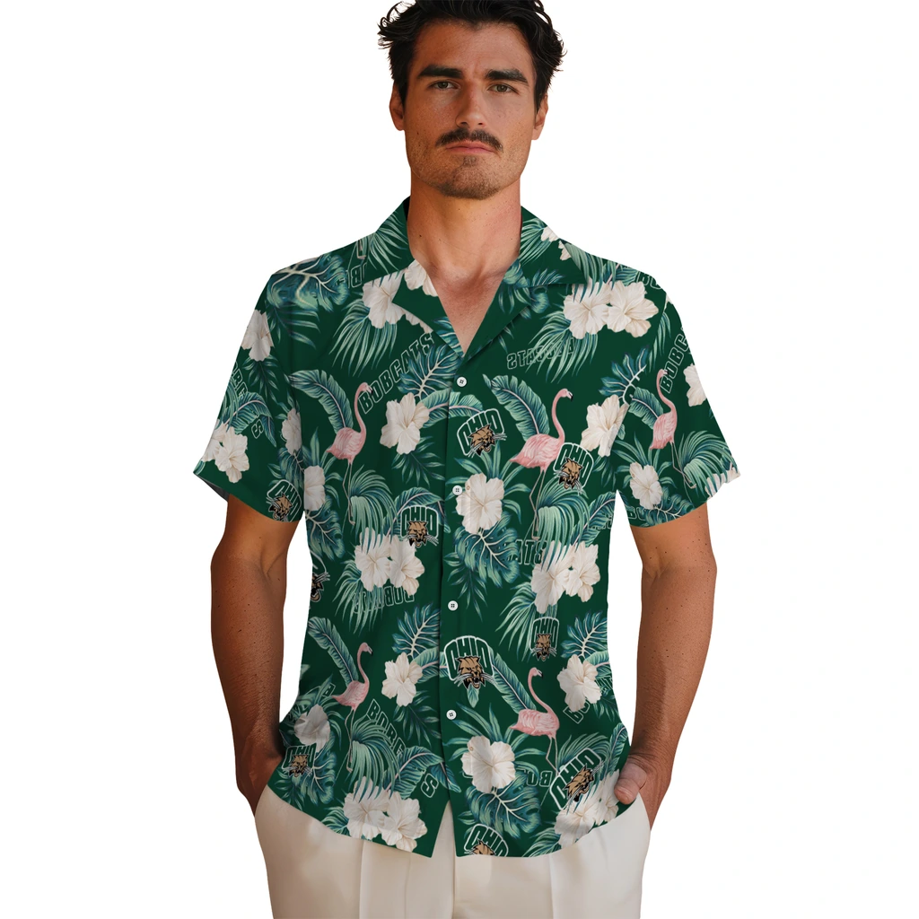 Ohio Bobcats Hawaiian Shirt - Flamingo and Hibiscus ohio bobcats flamingo palms green hawaiian shirts fashion forward