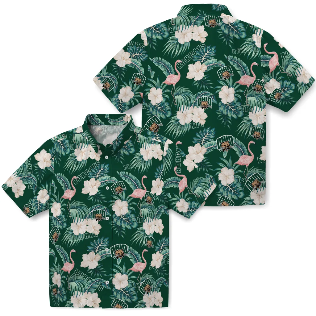 Ohio Bobcats Hawaiian Shirt - Flamingo and Hibiscus ohio bobcats flamingo palms green hawaiian shirts high quality