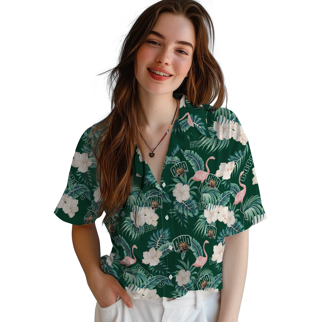 Ohio Bobcats Hawaiian Shirt - Flamingo and Hibiscus ohio bobcats flamingo palms green hawaiian shirts latest model