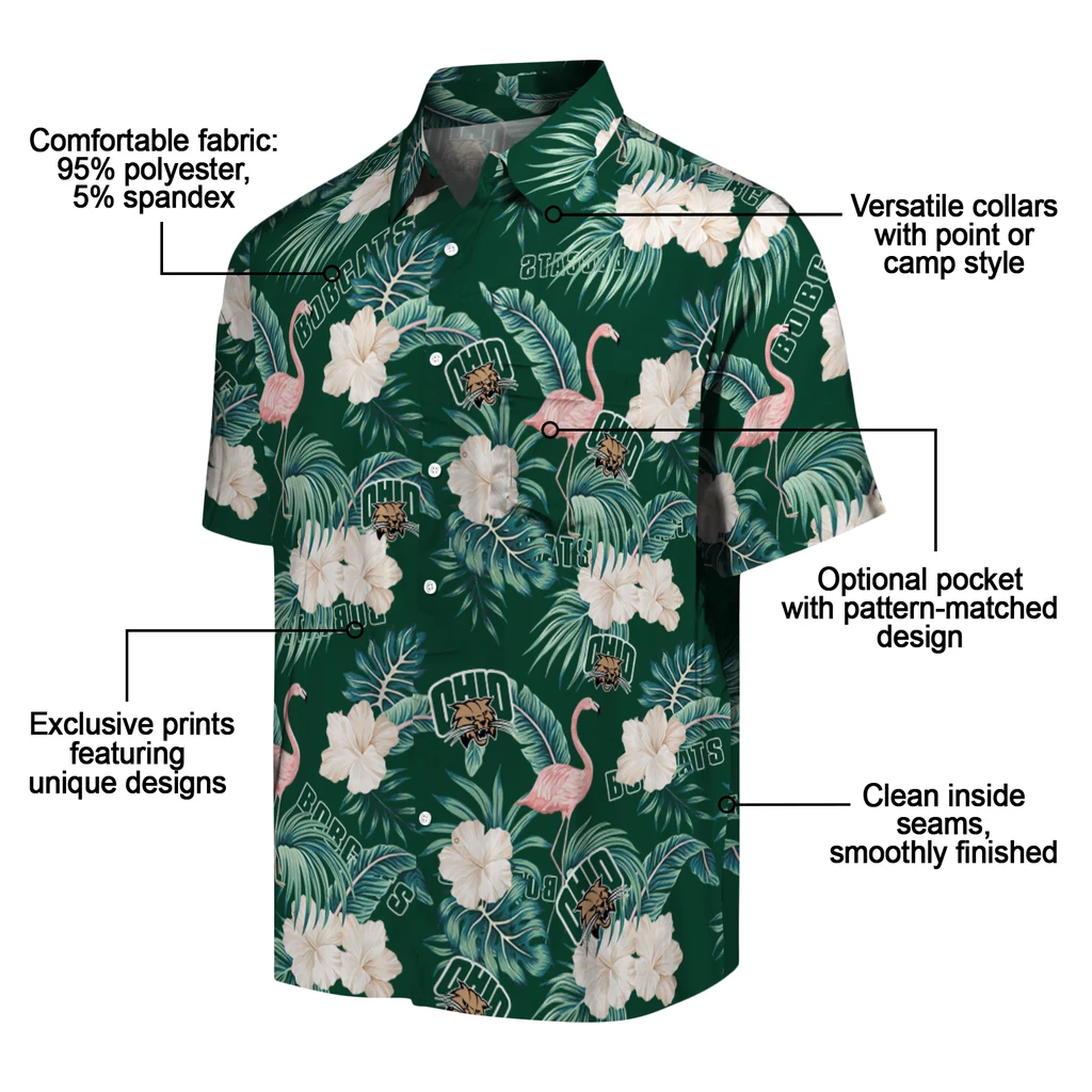 Ohio Bobcats Hawaiian Shirt - Flamingo and Hibiscus ohio bobcats flamingo palms green hawaiian shirts new arrival