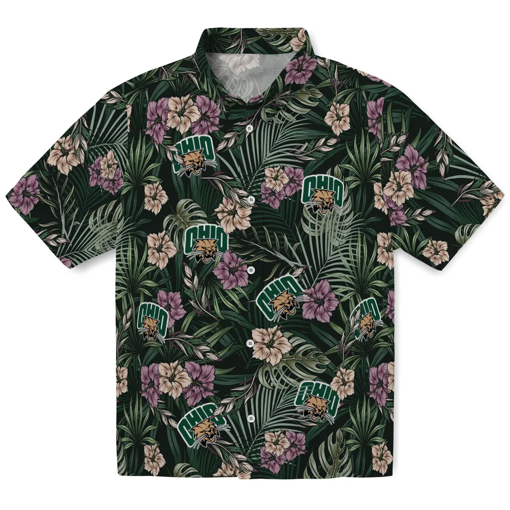 Ohio Bobcats Hawaiian Shirt - Hibiscus Leaves Pattern ohio bobcats hibiscus leaves pattern green hawaiian shirts best selling