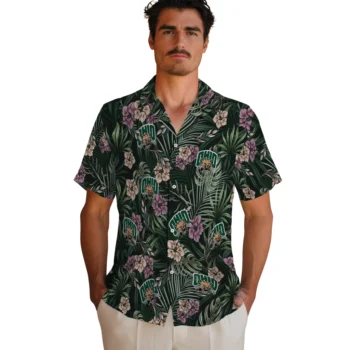 ohio bobcats hibiscus leaves pattern green hawaiian shirts fashion forward