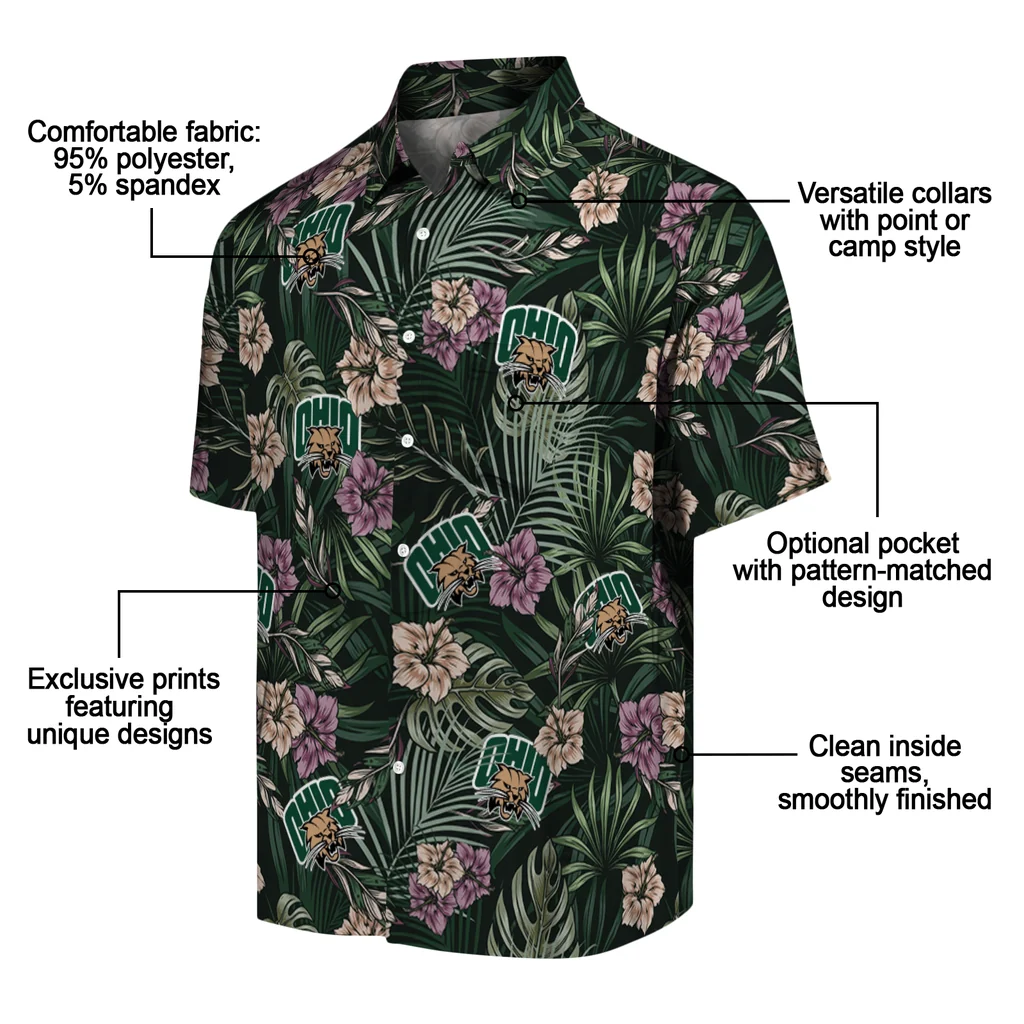 Ohio Bobcats Hawaiian Shirt - Hibiscus Leaves Pattern ohio bobcats hibiscus leaves pattern green hawaiian shirts new arrival