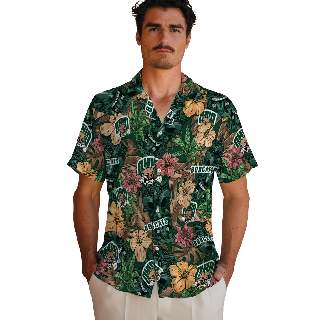 Ohio Bobcats Hawaiian Shirt - Hibiscus Tiki Jungle ohio bobcats tiki jungle green hawaiian shirts fashion forward
