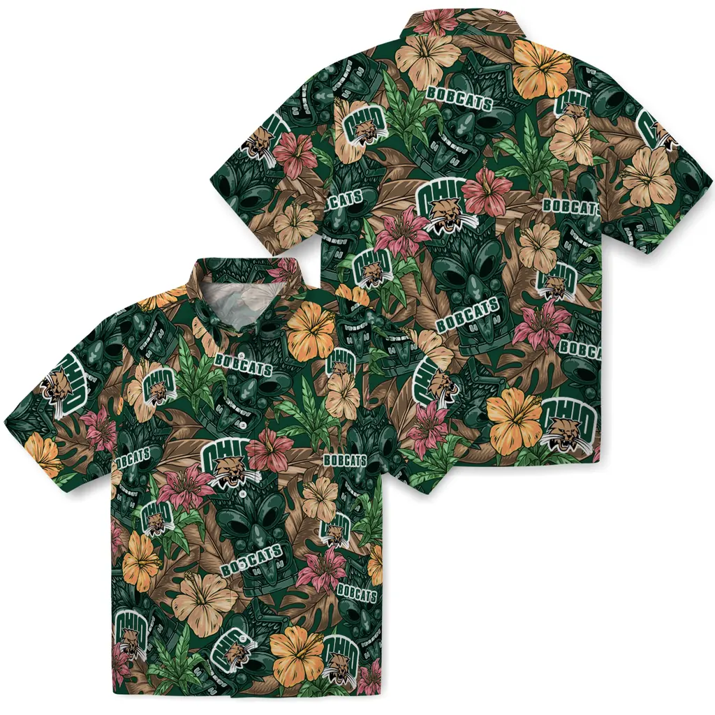 Ohio Bobcats Hawaiian Shirt - Hibiscus Tiki Jungle ohio bobcats tiki jungle green hawaiian shirts high quality